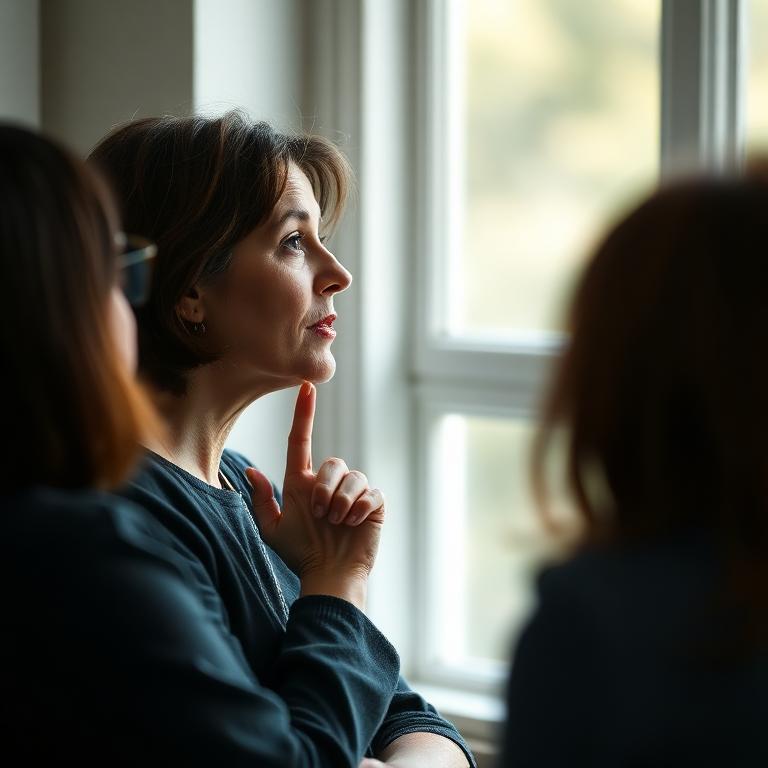 A woman speaking thoughtfully in a small group